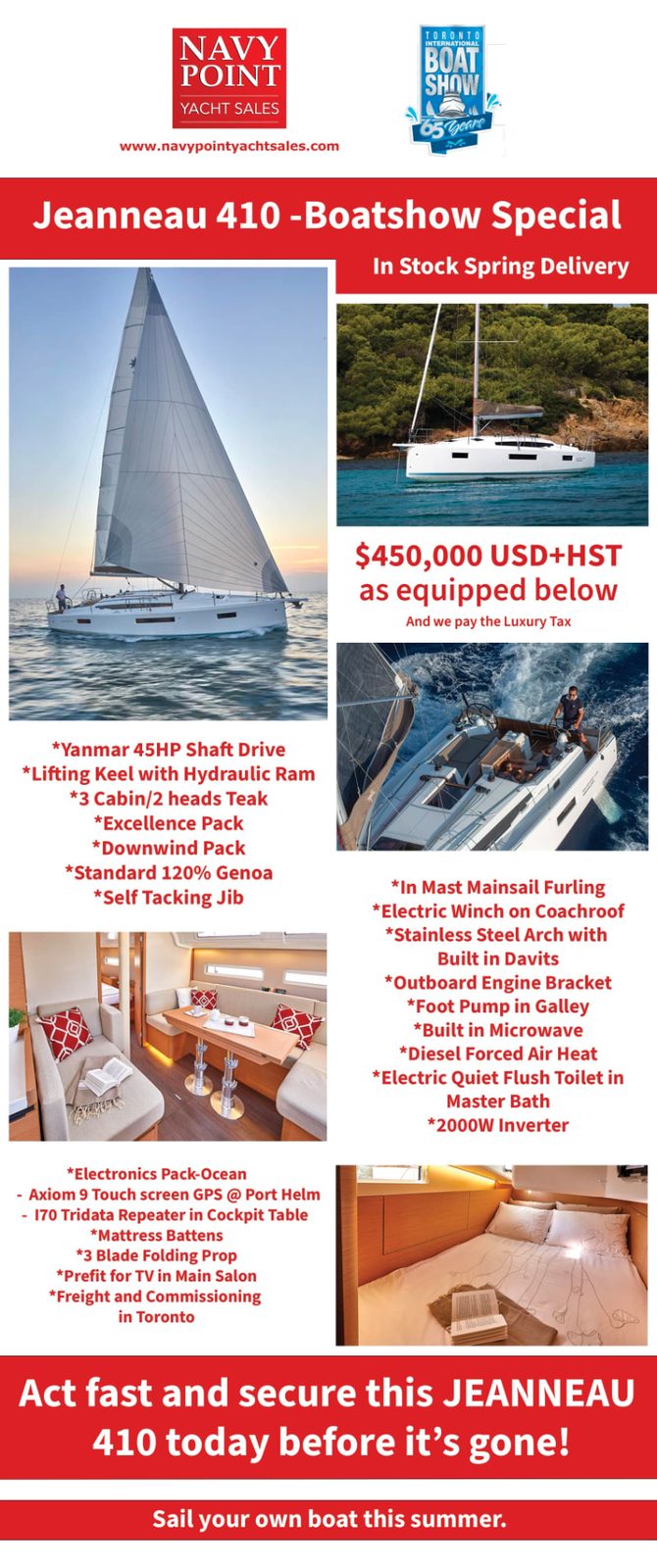 Jeanneau 410 boat show special offer banner for the Toronto International Boat Show