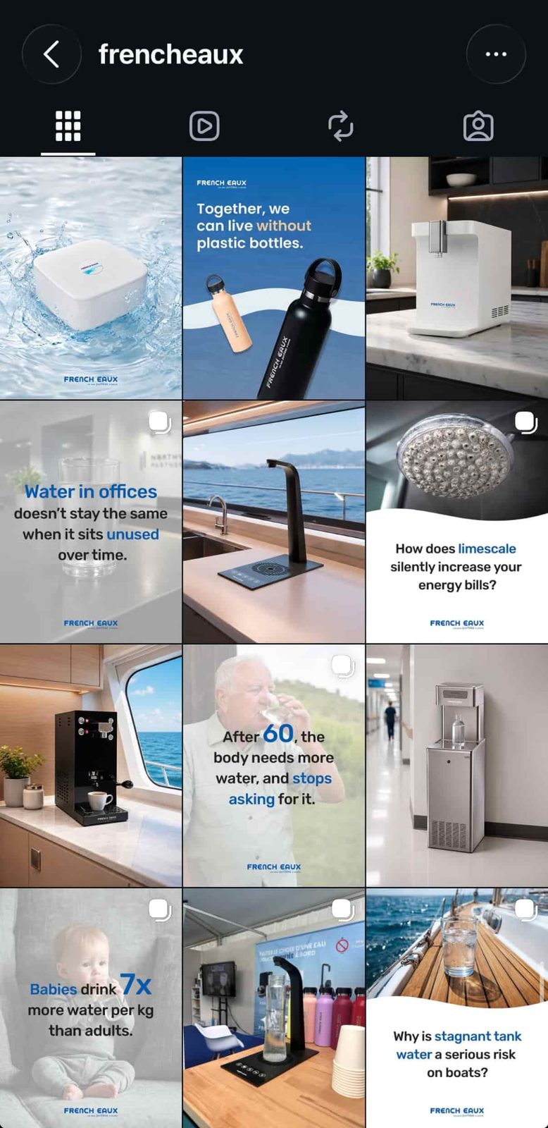 French Eaux Instagram content grid with marine and onboard water product posts