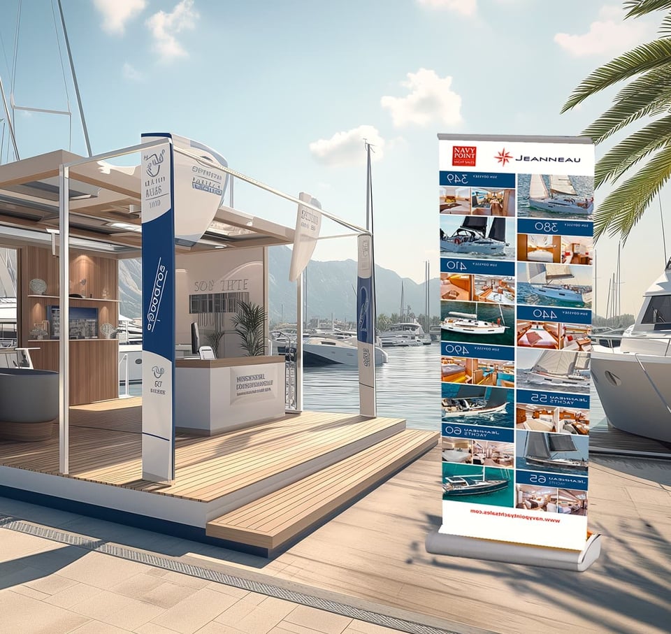 Roll-up banner and branded stand for a Jeanneau dealer at a marina boat show