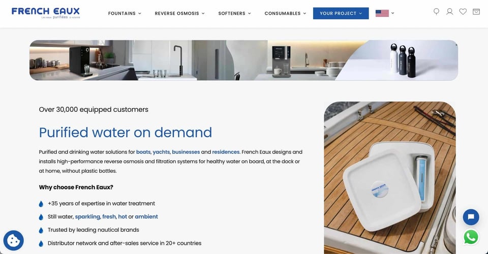 French Eaux multilingual website homepage for marine water purification products