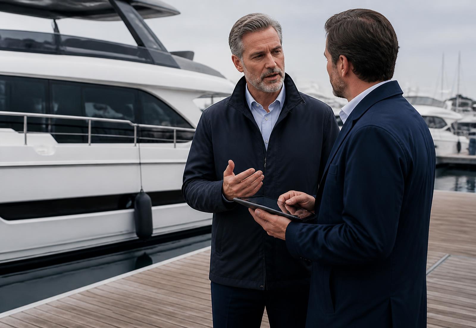 Two marine business professionals in conversation on a dock beside a yacht